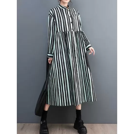 Buttoned Split-Joint Striped Long Sleeves Loose Mock Neck Midi Dresses