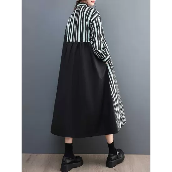 Buttoned Split-Joint Striped Long Sleeves Loose Mock Neck Midi Dresses