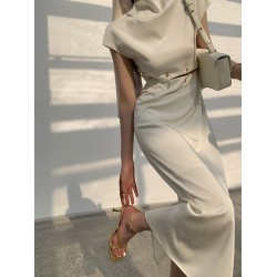 Detachable Hollow Split-Joint A-Line High Waisted Mock Neck Midi Dresses