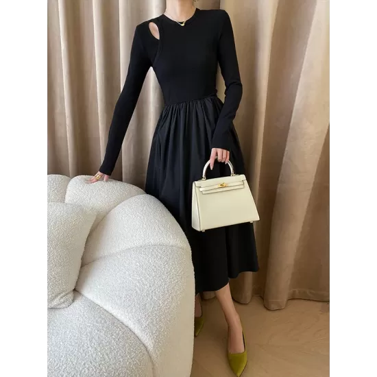 Elasticity Hollow Solid Color Split-Joint A-Line Long Sleeves Round-Neck Midi Dresses