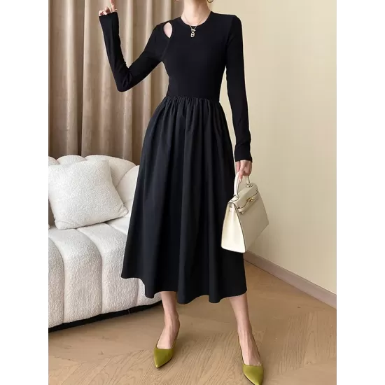 Elasticity Hollow Solid Color Split-Joint A-Line Long Sleeves Round-Neck Midi Dresses