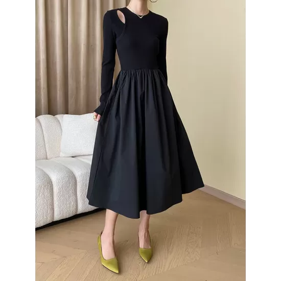 Elasticity Hollow Solid Color Split-Joint A-Line Long Sleeves Round-Neck Midi Dresses