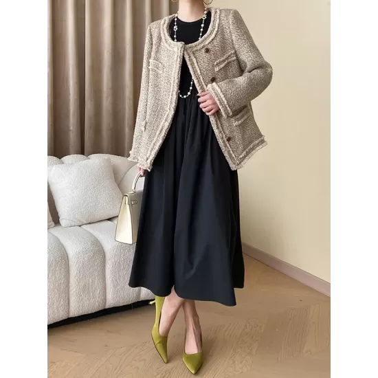 Elasticity Hollow Solid Color Split-Joint A-Line Long Sleeves Round-Neck Midi Dresses