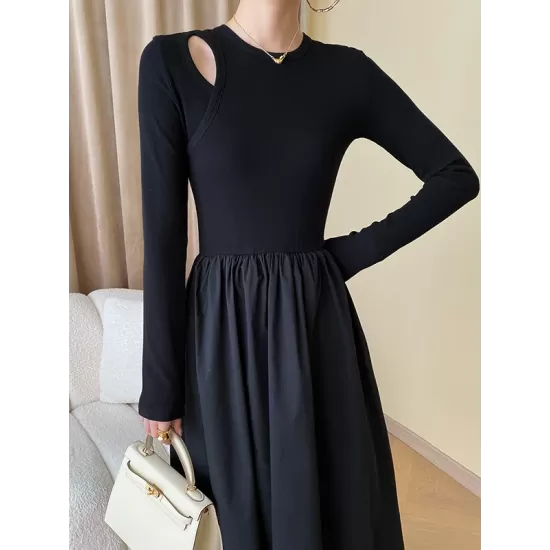 Elasticity Hollow Solid Color Split-Joint A-Line Long Sleeves Round-Neck Midi Dresses