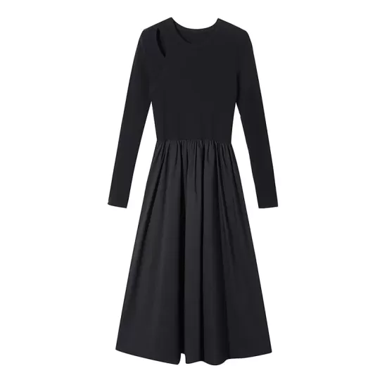 Elasticity Hollow Solid Color Split-Joint A-Line Long Sleeves Round-Neck Midi Dresses