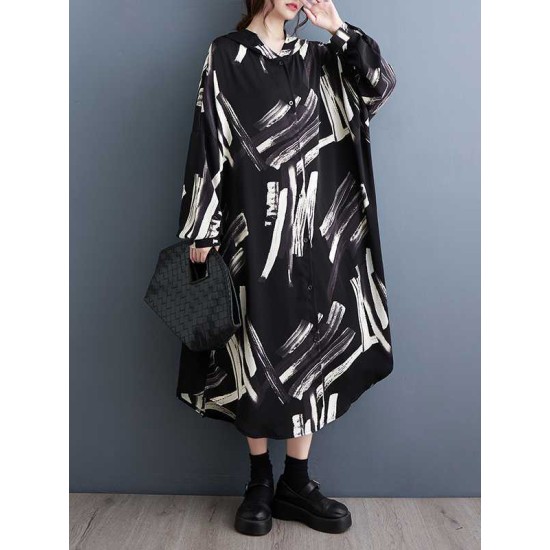 Buttoned Hooded Printed Long Sleeves Loose Outerwear Midi Dresses