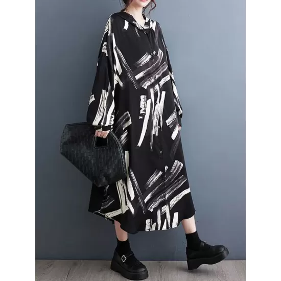 Buttoned Hooded Printed Long Sleeves Loose Outerwear Midi Dresses