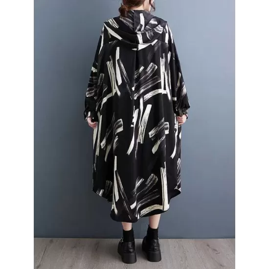 Buttoned Hooded Printed Long Sleeves Loose Outerwear Midi Dresses