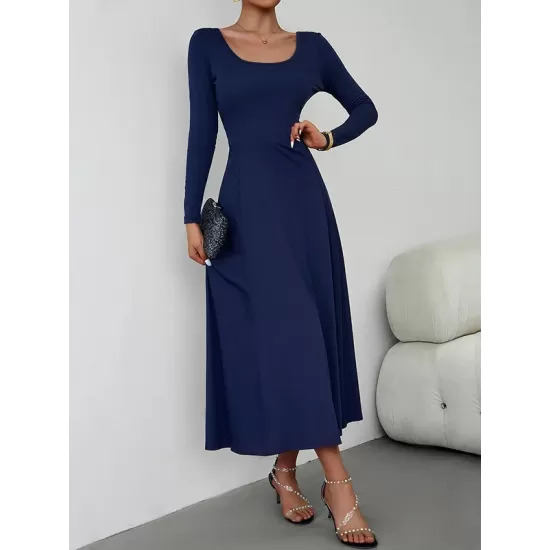 Solid Color Tied Waist A-Line High Waisted U-Neck Midi Dresses