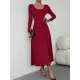 Solid Color Tied Waist A-Line High Waisted U-Neck Midi Dresses