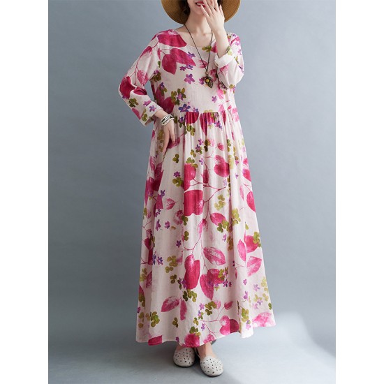 Flower Print Split-Joint Long Sleeves Loose Round-Neck Midi Dresses