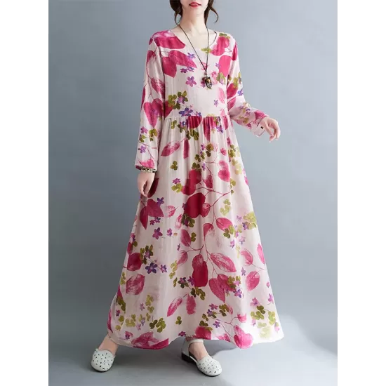 Flower Print Split-Joint Long Sleeves Loose Round-Neck Midi Dresses