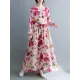 Flower Print Split-Joint Long Sleeves Loose Round-Neck Midi Dresses