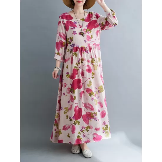 Flower Print Split-Joint Long Sleeves Loose Round-Neck Midi Dresses