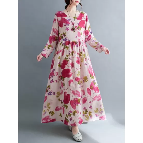 Flower Print Split-Joint Long Sleeves Loose Round-Neck Midi Dresses