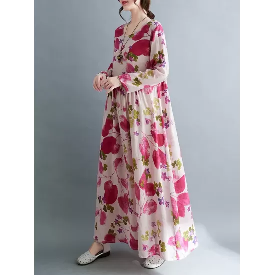 Flower Print Split-Joint Long Sleeves Loose Round-Neck Midi Dresses