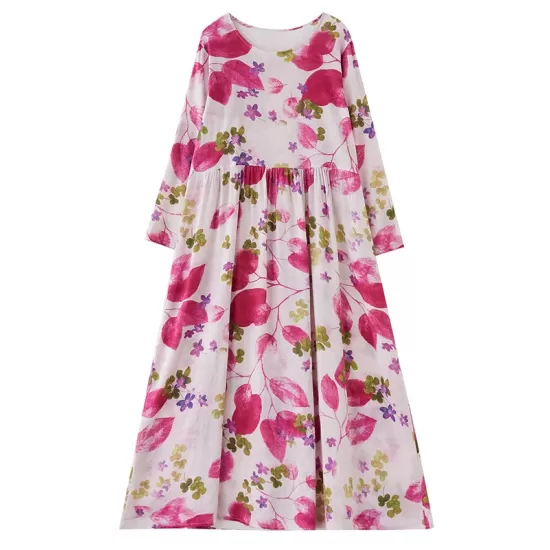 Flower Print Split-Joint Long Sleeves Loose Round-Neck Midi Dresses