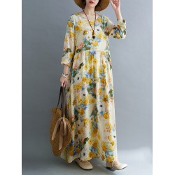 Flower Print Split-Joint Long Sleeves Loose Round-Neck Midi Dresses