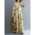 Flower Print Split-Joint Long Sleeves Loose Round-Neck Midi Dresses