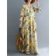 Flower Print Split-Joint Long Sleeves Loose Round-Neck Midi Dresses