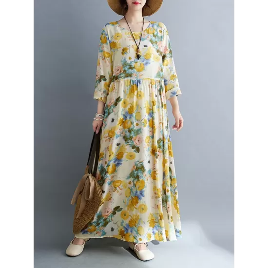 Flower Print Split-Joint Long Sleeves Loose Round-Neck Midi Dresses