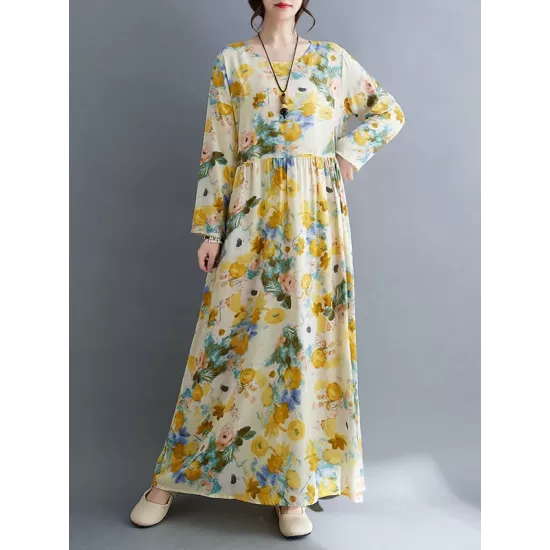 Flower Print Split-Joint Long Sleeves Loose Round-Neck Midi Dresses