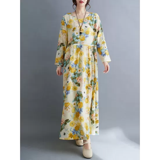 Flower Print Split-Joint Long Sleeves Loose Round-Neck Midi Dresses