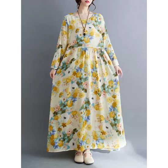 Flower Print Split-Joint Long Sleeves Loose Round-Neck Midi Dresses