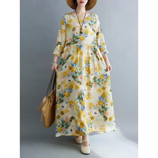 Flower Print Split-Joint Long Sleeves Loose Round-Neck Midi Dresses