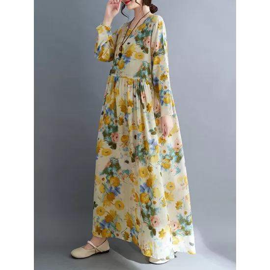 Flower Print Split-Joint Long Sleeves Loose Round-Neck Midi Dresses