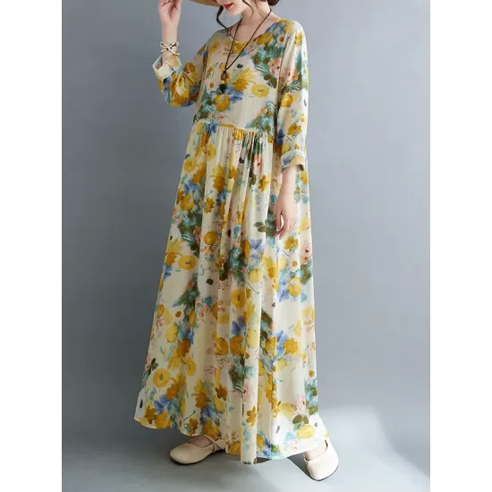 Flower Print Split-Joint Long Sleeves Loose Round-Neck Midi Dresses