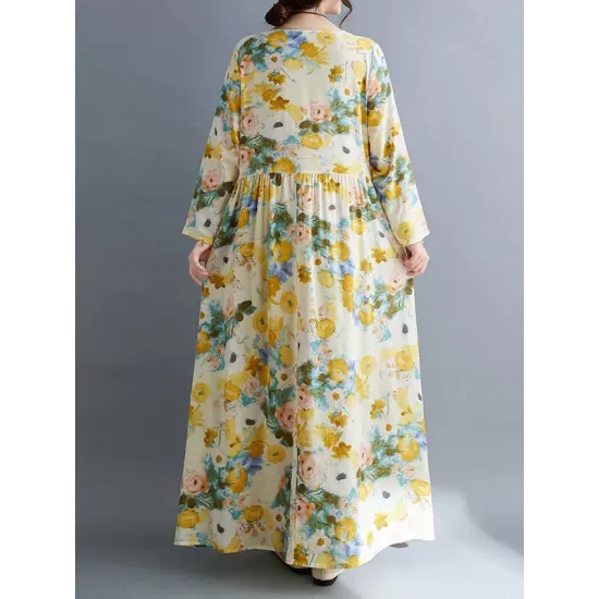 Flower Print Split-Joint Long Sleeves Loose Round-Neck Midi Dresses