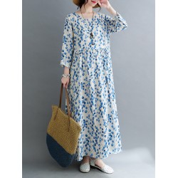 Flower Print Split-Joint Long Sleeves Loose Round-Neck Midi Dresses