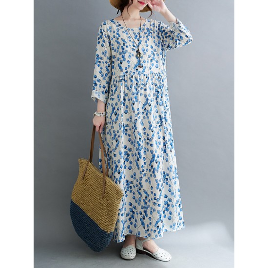 Flower Print Split-Joint Long Sleeves Loose Round-Neck Midi Dresses