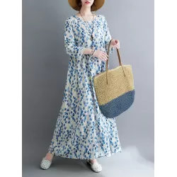 Flower Print Split-Joint Long Sleeves Loose Round-Neck Midi Dresses