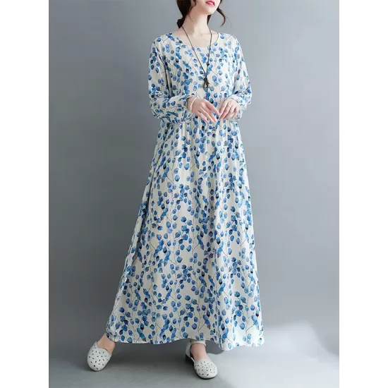 Flower Print Split-Joint Long Sleeves Loose Round-Neck Midi Dresses