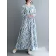 Flower Print Split-Joint Long Sleeves Loose Round-Neck Midi Dresses