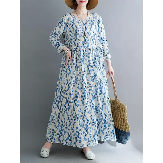 Flower Print Split-Joint Long Sleeves Loose Round-Neck Midi Dresses