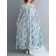 Flower Print Split-Joint Long Sleeves Loose Round-Neck Midi Dresses