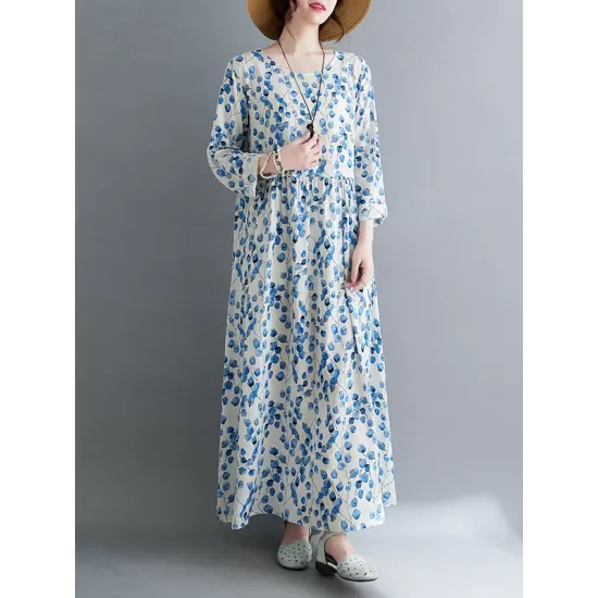 Flower Print Split-Joint Long Sleeves Loose Round-Neck Midi Dresses