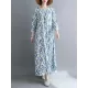 Flower Print Split-Joint Long Sleeves Loose Round-Neck Midi Dresses