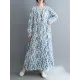 Flower Print Split-Joint Long Sleeves Loose Round-Neck Midi Dresses