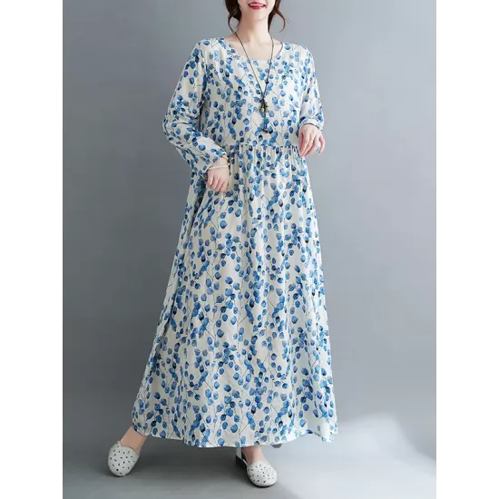 Flower Print Split-Joint Long Sleeves Loose Round-Neck Midi Dresses