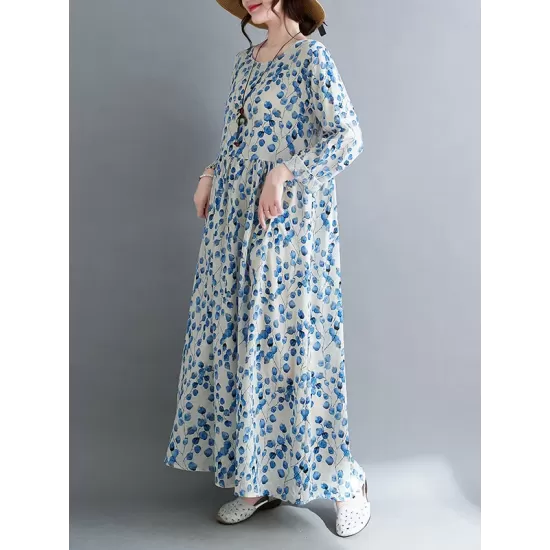 Flower Print Split-Joint Long Sleeves Loose Round-Neck Midi Dresses