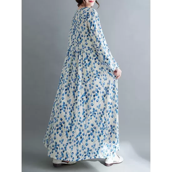 Flower Print Split-Joint Long Sleeves Loose Round-Neck Midi Dresses