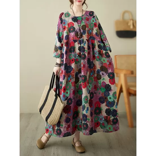 Flower Print Pockets Split-Joint Long Sleeves Loose Round-Neck Midi Dresses