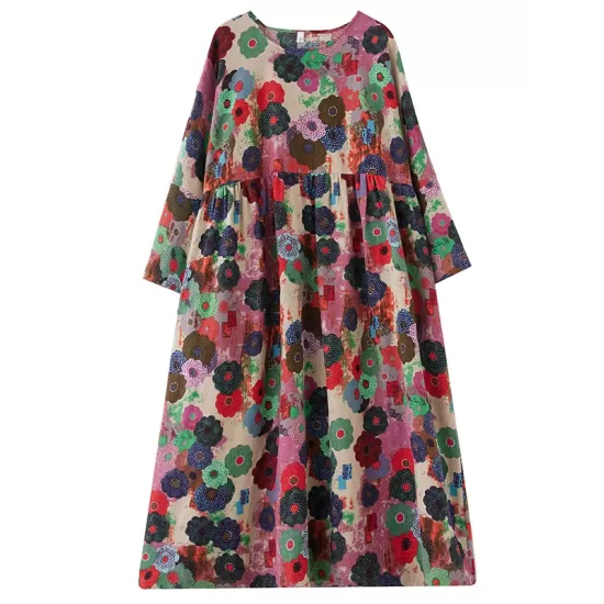 Flower Print Pockets Split-Joint Long Sleeves Loose Round-Neck Midi Dresses