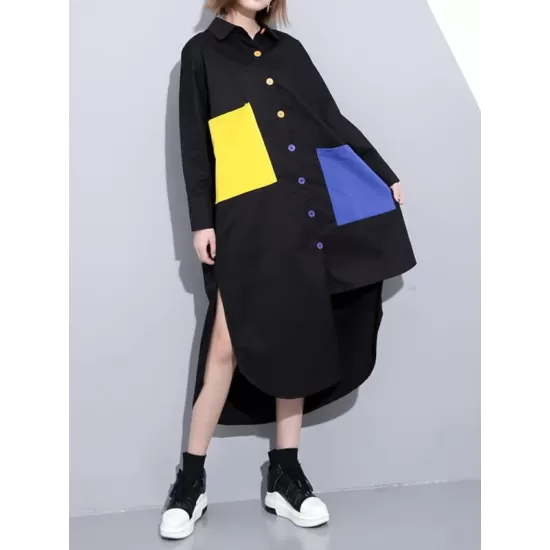 Long Sleeves Loose Asymmetric Buttoned Contrast Color Pockets Lapel Midi Dresses Shirt Dress