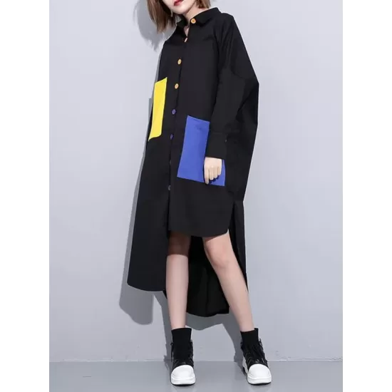 Long Sleeves Loose Asymmetric Buttoned Contrast Color Pockets Lapel Midi Dresses Shirt Dress