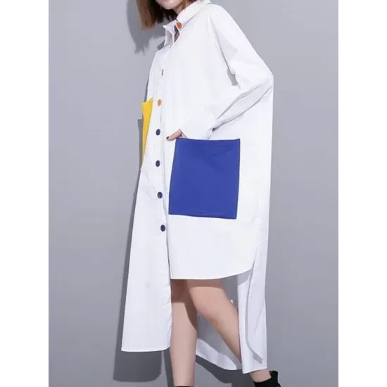 Long Sleeves Loose Asymmetric Buttoned Contrast Color Pockets Lapel Midi Dresses Shirt Dress